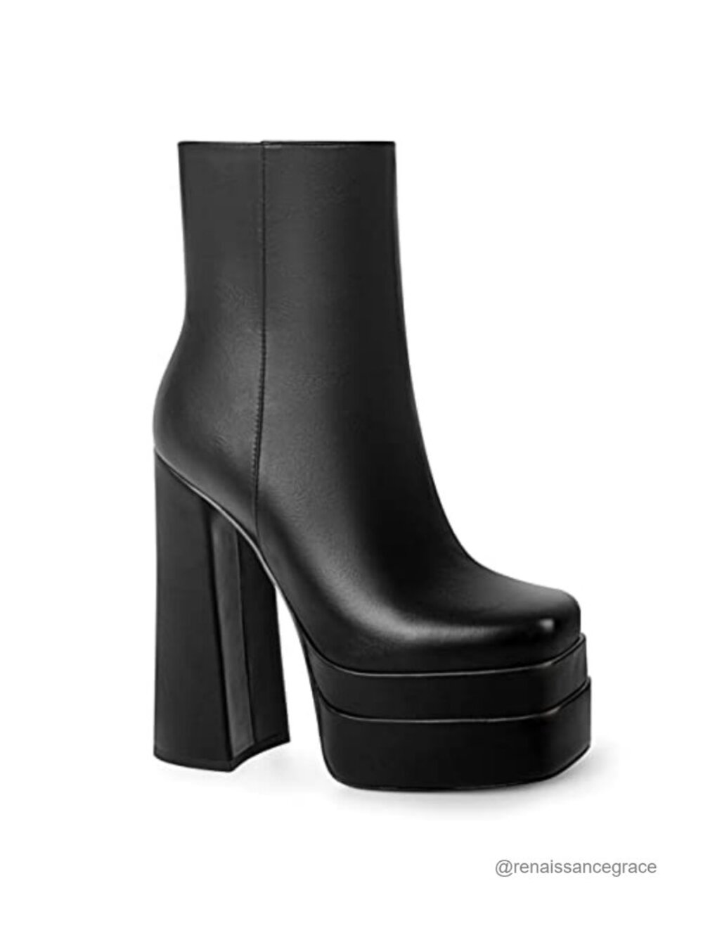 Double Platform Ankle Boots Chunky Heel Square Toe Side Zipper Booties Faux